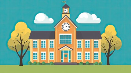 Wall Mural - A cartoon illustration of a traditional brick school building with a clock tower and trees on each side.