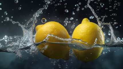 Two lemon splash into the water, Creating a lively and invigorating scene that essence of freshness