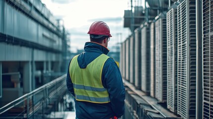 Wall Mural - Construction Worker Inspecting HVAC Systems on Rooftop of Modern Industrial Building