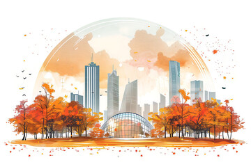 Landscape illustration of beautiful autumn foliage in urban city