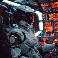 Aufkleber - A sleek robot pilot navigates a sophisticated cockpit filled with glowing controls and intricate digital displays
