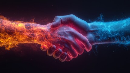 Poster - Two hands meet in a striking handshake, one embodying flames while the other radiates cool, representing unity between contrasting elements.