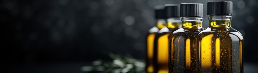 Close-Up of Olive Oil Bottles with Fresh Olives on Dark Background - High-Quality Stock Photo for Culinary and Health Use