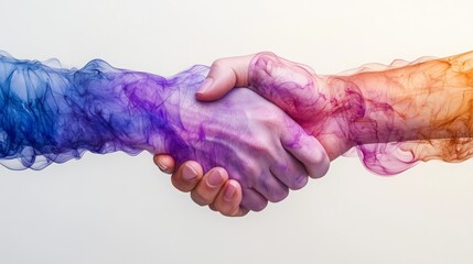 Poster - Two hands clasp in a handshake, surrounded by vibrant smoke, representing unity and cooperation in a creative manner.