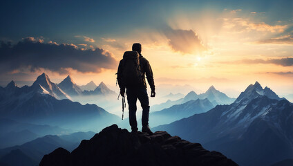 Silhouette of a man with a backpack climbing a mountain