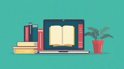 Poster - of a laptop with language learning software interface on the screen  Flat design graphics depicting online education digital tools and foreign language acquisition