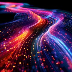 Poster - digital abstract art with flowing vibrant data streams and technological aesthetics