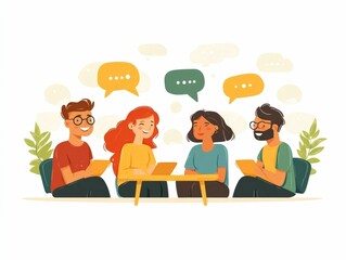 Poster - of a diverse group of people engaged in a language learning conversation or discussion session using a flat design style