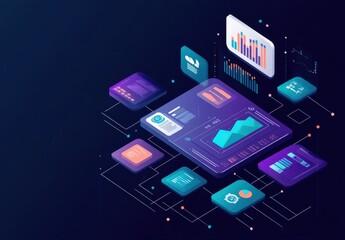 Poster - Isometric digital data visualization with futuristic interface elements and graphs in a flat vector illustration for technology and business analytics