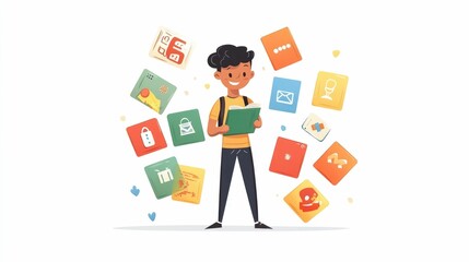 Poster - Flat Design of Language Learning and Practicing Vocabulary Grammar and Communication Skills with Flashcards on a Desk  Educational Concept for Language Courses Tutorials and Student Learning