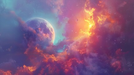 Captivating Celestial Landscape of Planets Stars and Glowing Nebulae in a Boundless Digital Universe