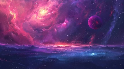 Wall Mural - Captivating Cosmic Landscape with Vibrant Planets Glowing Nebulae and Twinkling Stars