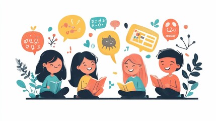 Poster - Language Learning Practice with Interactive Games and Flat Design   Educational Concept for Studying Communicating and Developing Language Skills