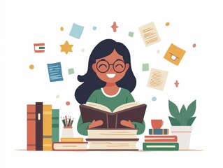 Poster - Flat design depicting the concept of language learning and studying for language exams  The image showcases various educational elements such as textbooks notebooks pens and a study desk