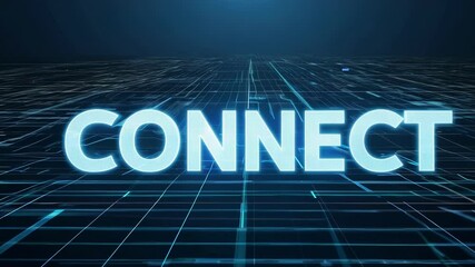 Poster - The word connect is appearing progressively on a digital landscape made of grids and lines, evoking communication and technology