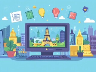 Poster - Flat Design of Language Learning and Practice with Interactive Exercises for Educational Purposes  Concept of Online Language Courses Tutorials or Classroom Activities