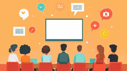 Poster - of a flat design language learning seminar or conference with attendees speakers and visual elements like icons symbols and geometric shapes  Concept of international communication translation
