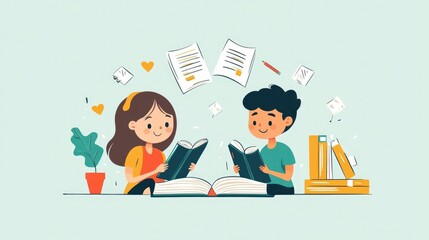Poster - Flat design of a workbook with grammar exercises for language learning  The image depicts an educational concept of improving language skills through structured practice and study materials