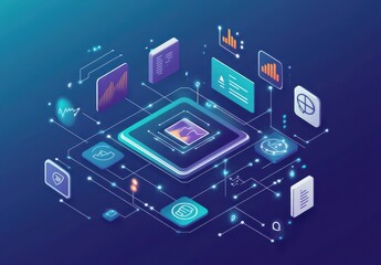 Wall Mural - Isometric digital interface with data analytics and futuristic icons in a 3D vector illustration for technology and innovation themes