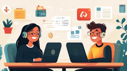 Poster - Flat Design of Language Tutor Helping with Learning Education and Skill Development in a Digital Mobile or Online Setting
