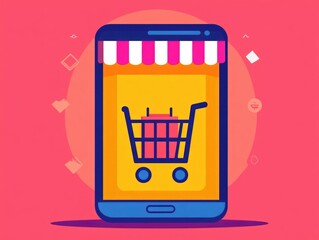 Poster - Flat design of an e commerce virtual shopping cart for adding items purchasing goods and completing online transactions in a digital marketplace or retail website
