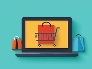 Poster - Flat Design of a Virtual Shopping Cart for E commerce Websites and Online Retail Platforms  Depicting the Process of Adding Items Checkout and Digital Transactions