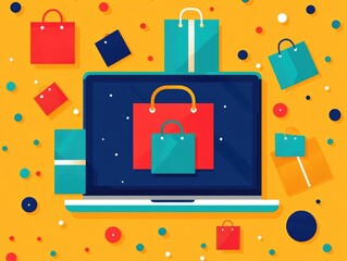 Poster - of an e commerce website showcasing various products in a flat design layout  Users browsing and interacting with the digital interface to search filter and select items for online shopping