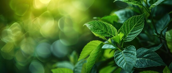 Close-up of vibrant green leaves with sunlight filtering through, evoking a fresh and natural atmosphere. Free copy space for text.