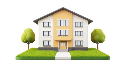 A cute, cartoon-style house with two trees, green grass, and a walkway in front of it, isolated on a white background.