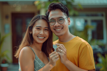 A happy couple wearing wedding or engagement rings holding up the key to their new home.