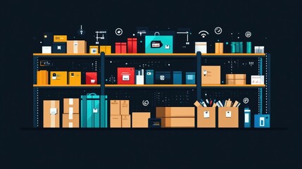 Poster - depicting the use of RFID Radio Frequency Identification technology for efficient supply tracking and inventory management in a modern flat design style  The image showcases the of digital systems