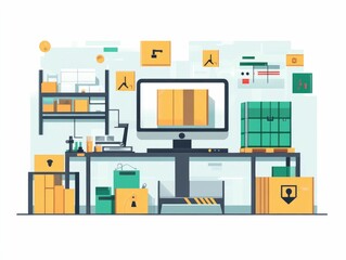 Poster - Flat design depicting the supply chain management process showcasing the online ordering and fulfillment of products or goods