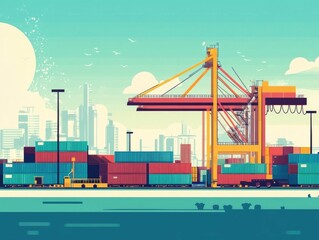 Poster - of a flat design concept showcasing efficient supply tracking and container monitoring systems at ports and logistics hubs  The image highlights the use of technology data analytics