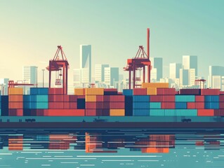 Poster - Flat design showcasing efficient supply chain tracking and container management system at ports and logistics facilities  The image depicts the optimization of inventory monitoring