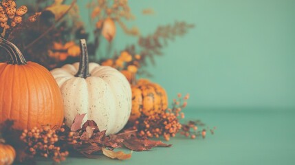   A group of pumpkins rests atop a table, surrounded by leaves and flowers