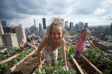 Children Tending Urban Rooftop Garden Above City Skyline