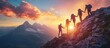 © Sunshine - Group of Hikers Climbing Mountain at Sunset with Stunning Scenic View of Peaks and Vibrant Sky
