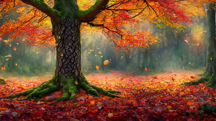 An enchanting landscape featuring a stunning autumn tree.