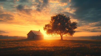 Wall Mural - A small house is in the middle of a field with a tree in front of it