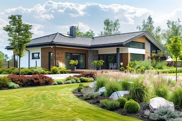 Wall Mural - Modern house in suburb with beautiful green landscape