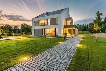 Wall Mural - Modern house in suburb with beautiful green landscape