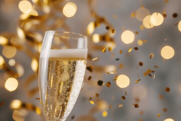 Wall Mural - Sparkling champagne glass with golden confetti