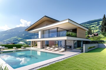 Wall Mural - Modern house in suburb with beautiful green landscape and swimming pool