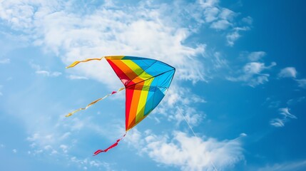 a rainbow kite flies in a blue sky with white clouds.