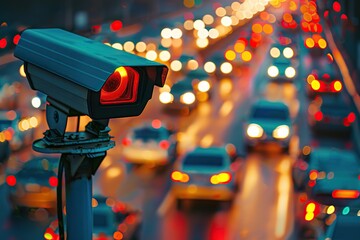 Security CCTV camera observes vehicular traffic on a road