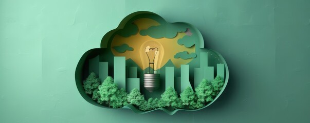 Wall Mural - Creative paper-cut illustration of a city with a yellow lightbulb, symbolizing renewable energy.