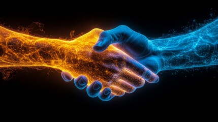 Poster - Hands made of vibrant energy meet in a firm handshake, representing collaboration and innovation in a visually striking manner.