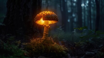 Canvas Print - Glowing mushroom in dark forest