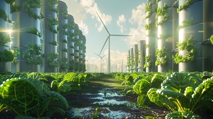 Futuristic Wind Powered Vertical Farms with Advanced Irrigation and Agricultural Technology