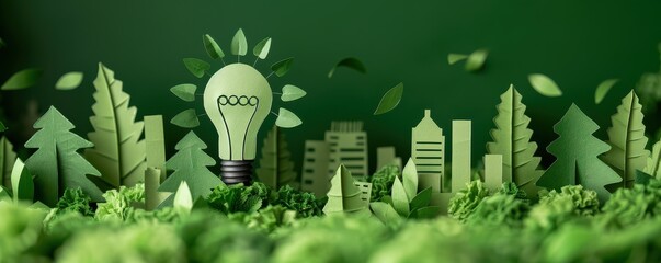 Wall Mural - Creative paper-cut illustration of a city with a yellow lightbulb, symbolizing renewable energy.